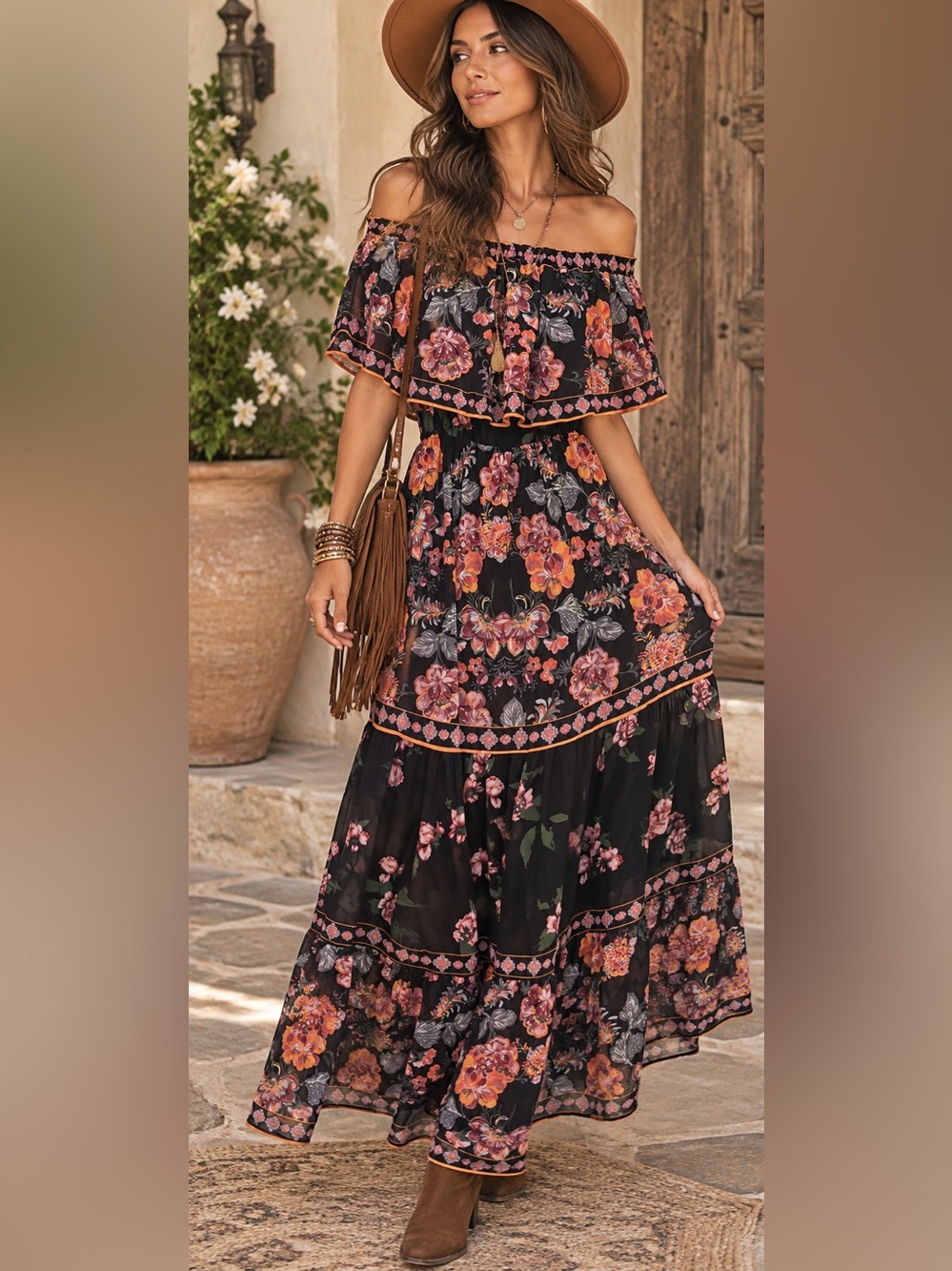 NWOT VICI Off the Shoulder BoHo Maxi Dress Black Floral Size CS